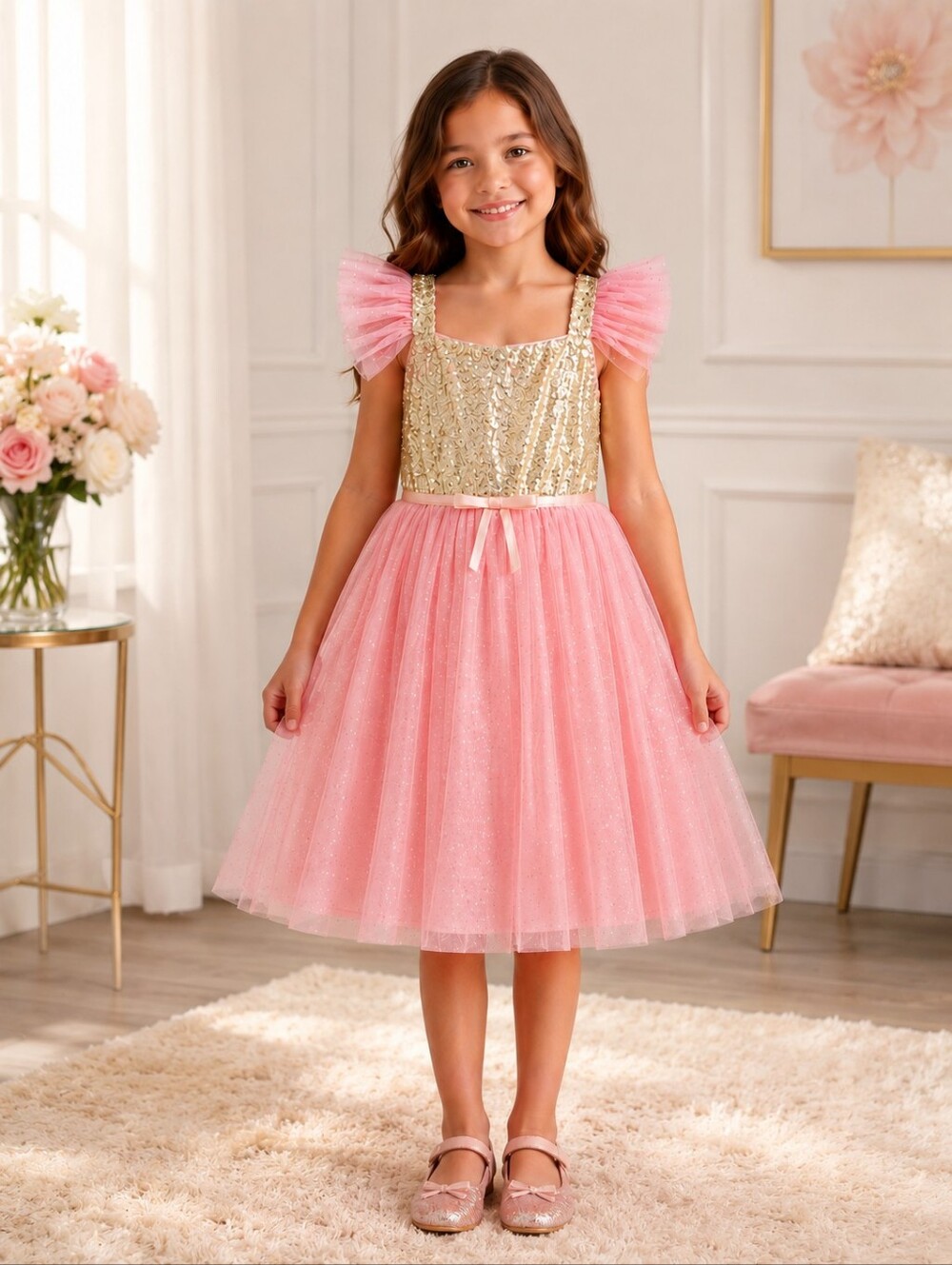 Popatu Pink and Gold Sequin Formal Party Dress